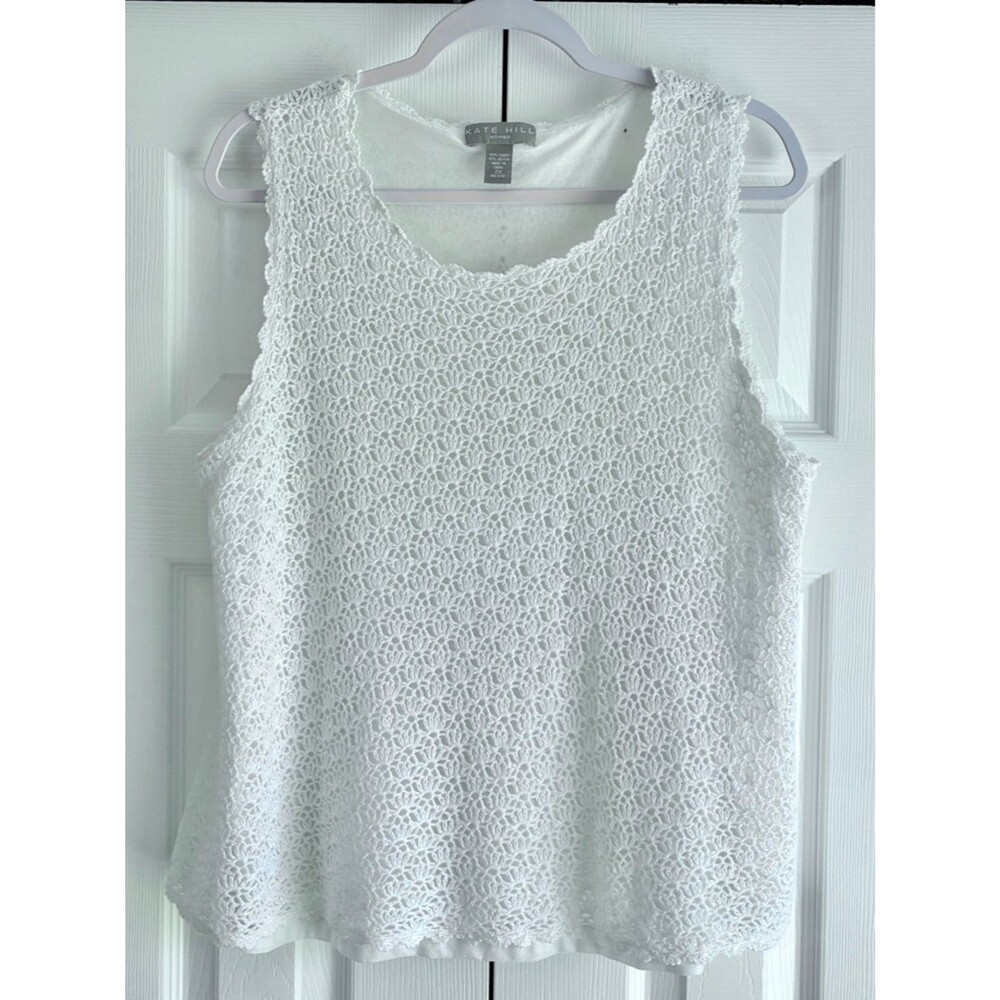 Kate Hill Linen Blend White Lace Tank Top 2X Sleeveless Crochet Overlay Summer